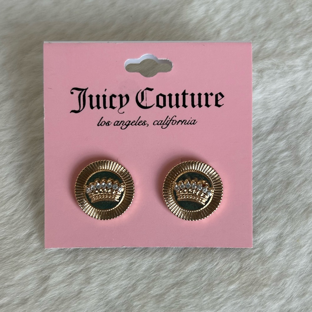Juicy Couture Gold Toned Bling Crown Medallion Post Earrings NWT Y2K Style
